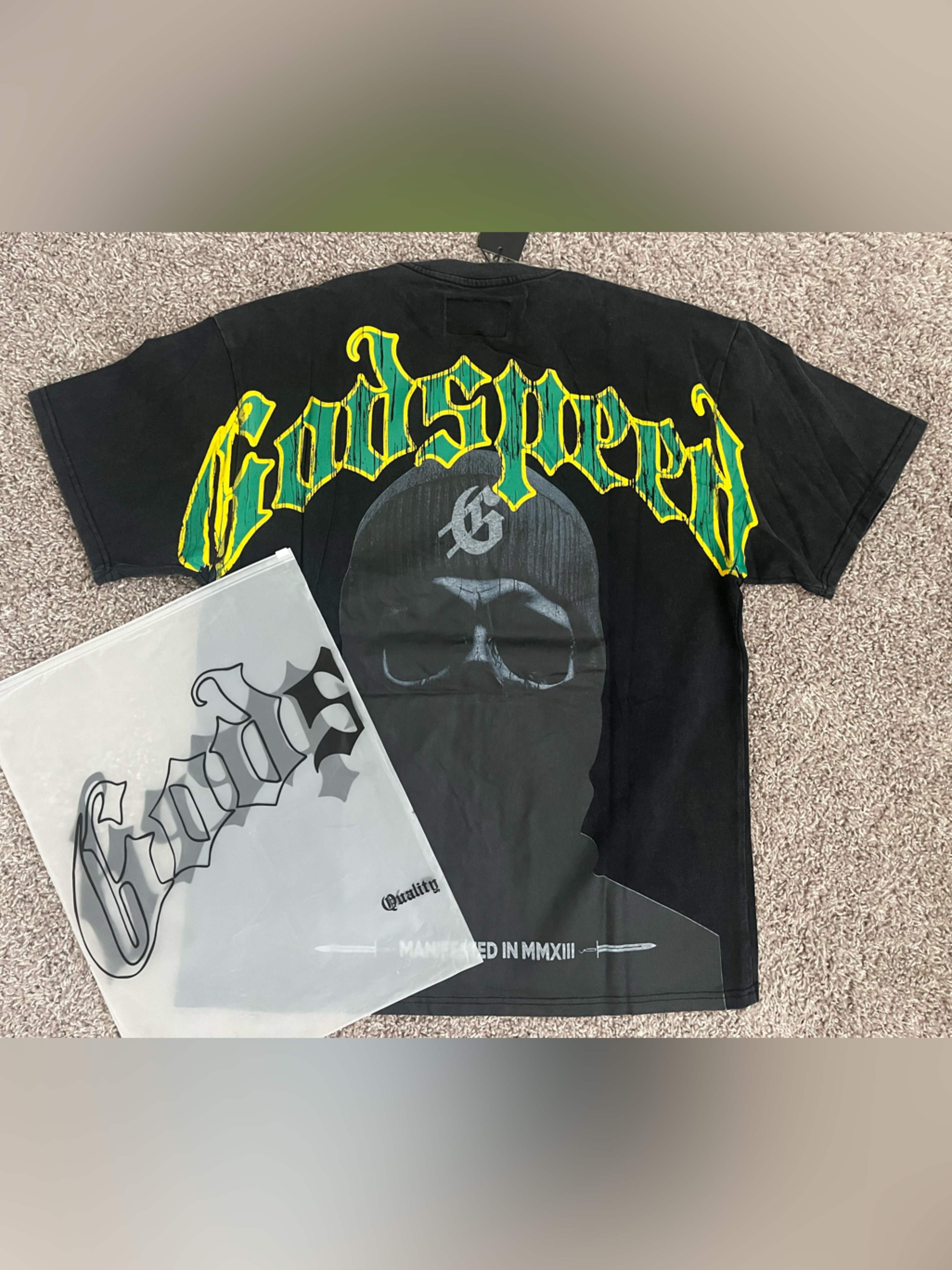 Godspeed Black Graphic Short Sleeve Tee Ski Mask Skeleton Green And Yellow Logo